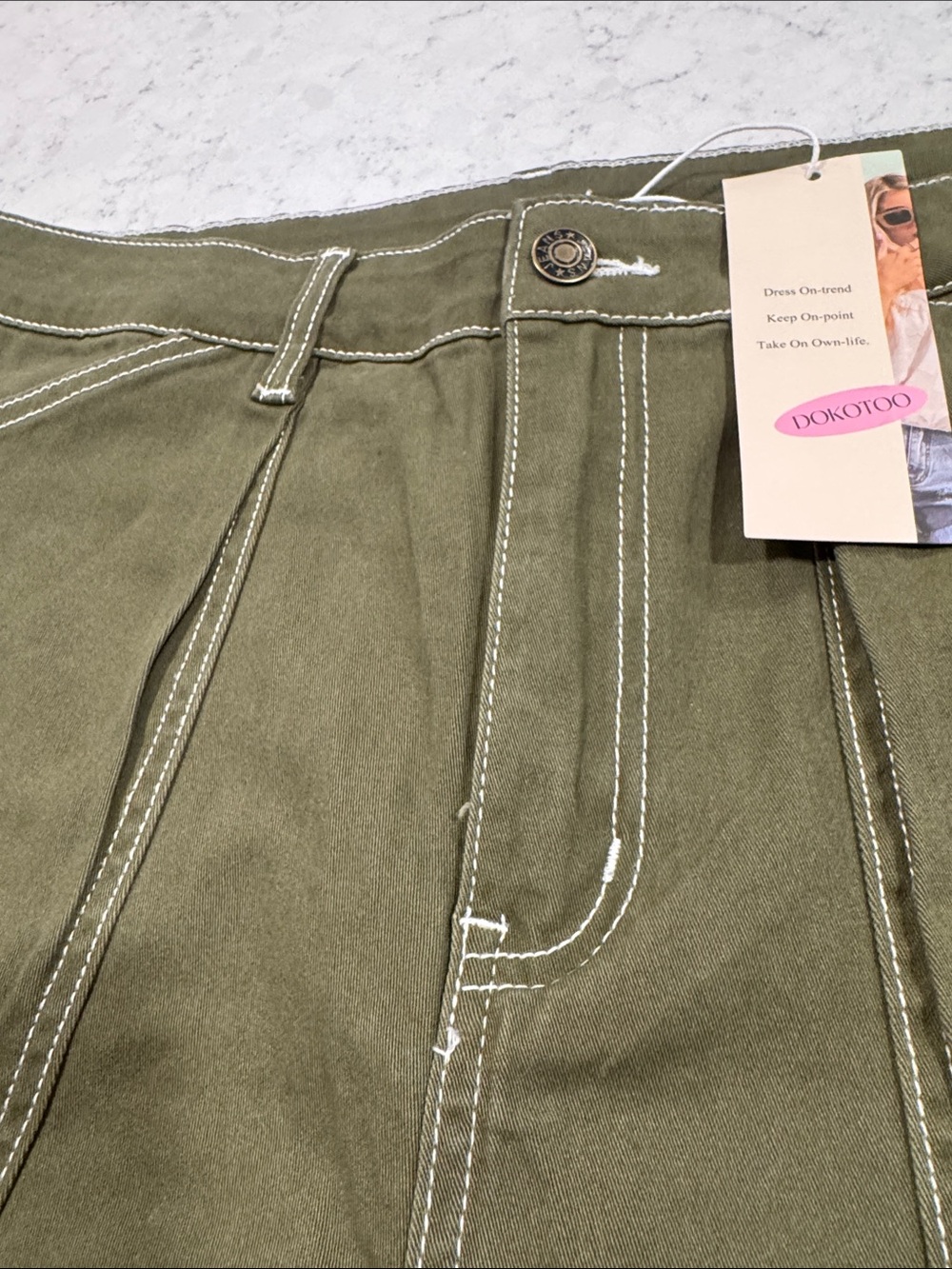 NWT DOKOTOO Sz 14 Olive Carpenter Utility Cargo High Waist White Stitch Stretch - Picture 9 of 16